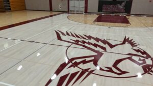 School gym floor with a large maroon mascot logo painted on polished wood; banner reads 'NATOMA HIGH SCHOOL' on the wall near doors in background.